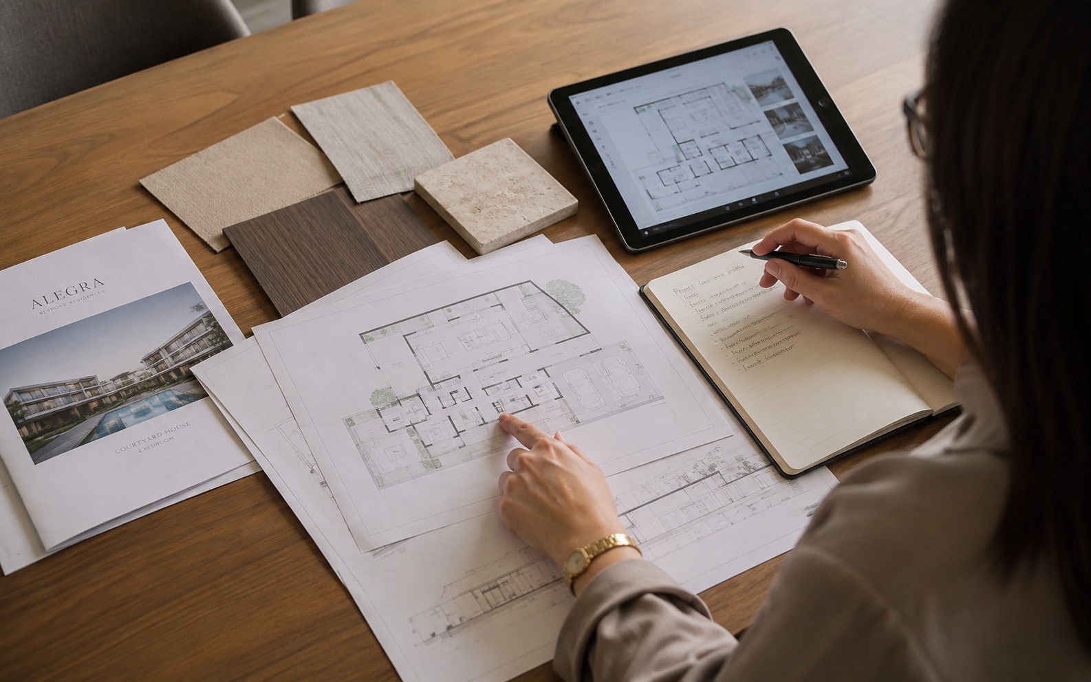 Floor plans, material samples, and notes laid out during a property review